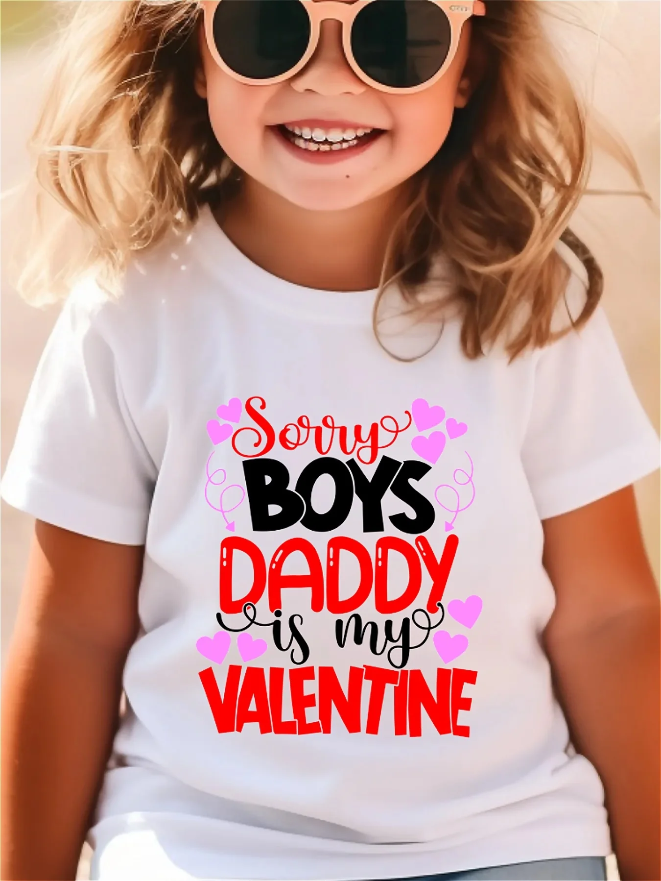 Valentine's Day Girl's T-shirt Sorry Boys Daddy is My Valentine Letter Printed Soft Trendy Round Neck Short Sleeve Top