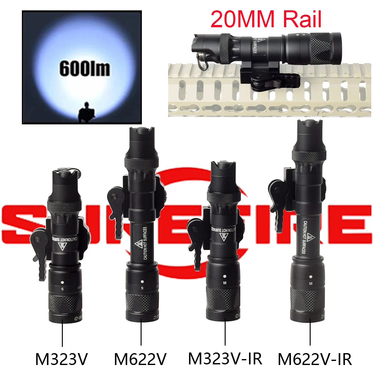 Tactical 20MM Rail IR Light Scout Light Surefire M300 M600 M323V M622V SF Flashlight Momentary Constant Strobe 600 Lumens