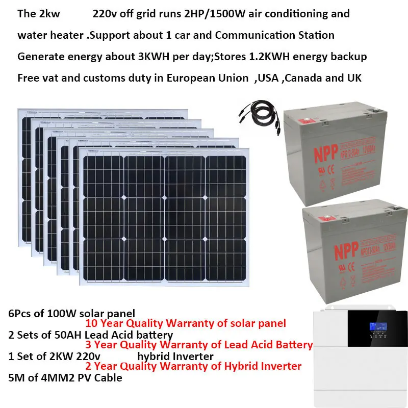 Kit completo de painel solar, 2000w, 220v, 110v, carregador de bateria, módulo fotovoltaico, 100w, inversor híbrido, sistema off grid, acampamento, carro, caravana, rv