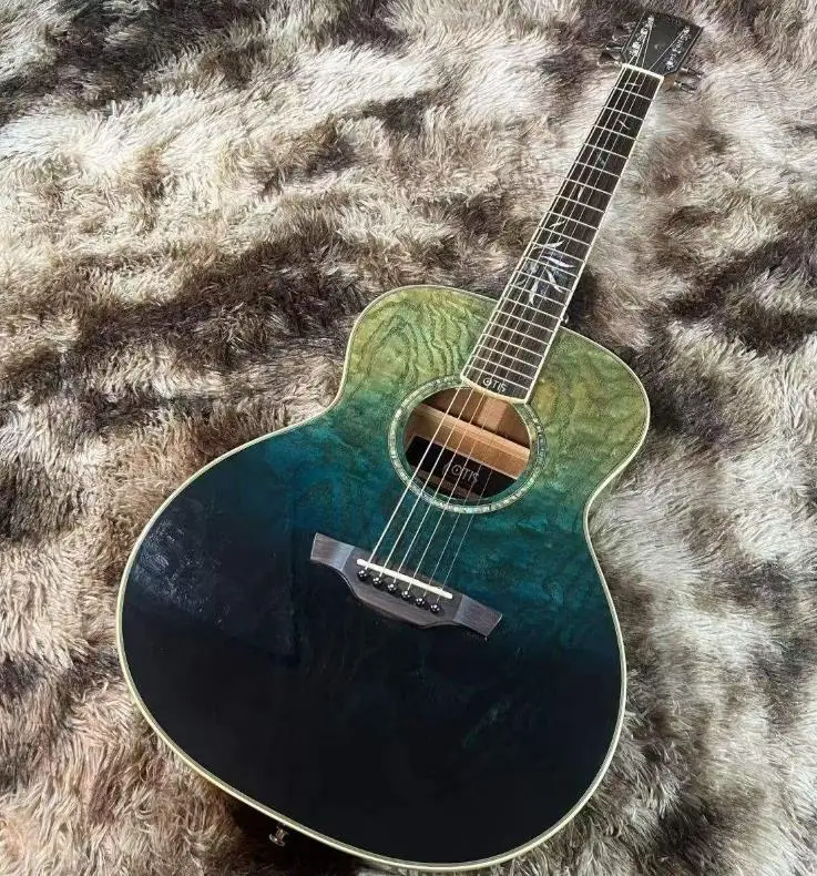 

36-Inch Acoustic Guitar For Beginners Blue Flower Curly Elm Wood With High-Appearance Design For Travel