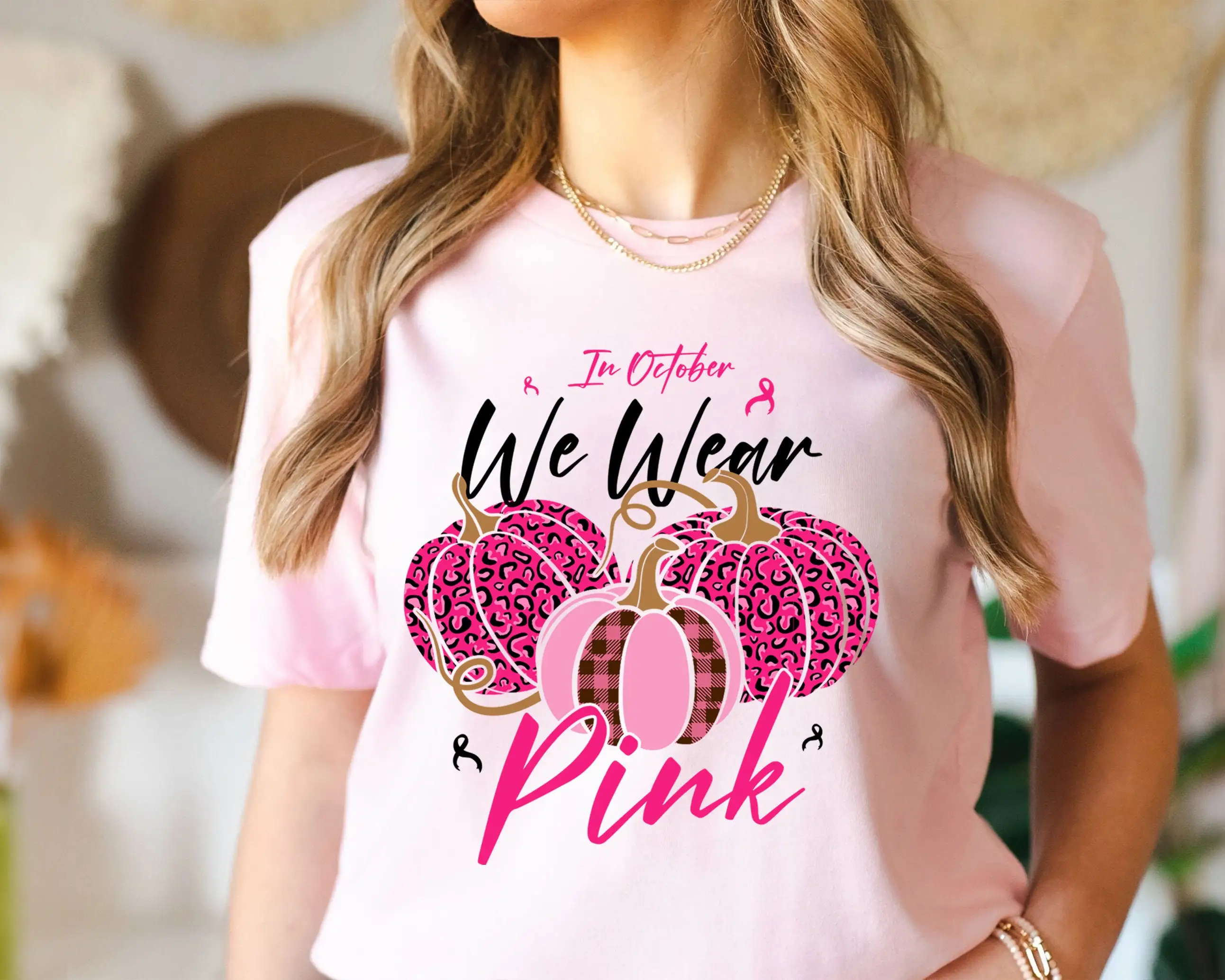 In October We Wear Pink T Shirt Breast Cancer Awareness Halloween Pumpkins Support Survivor