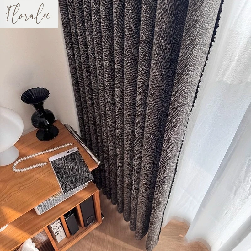 Customized Italian Simple Black and White Tone Cotton and Linen Texture Full Blackout Curtains for Living Dining Room Bedroom
