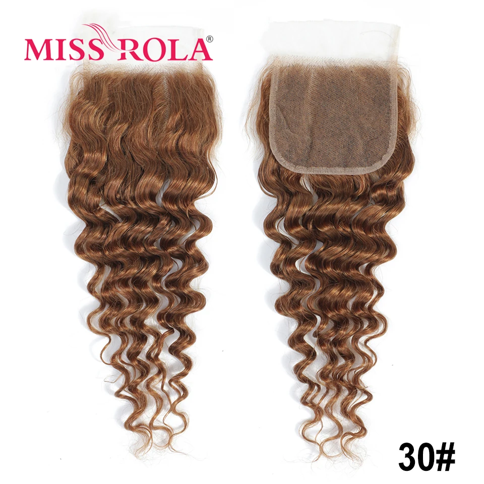 Miss Rola Hair #30 Deep Wave Hair Lace Closure Brazilian 100% Human Hair Remy Brown Curly 4x4 Lace Closures T1B/30 Lace Closure