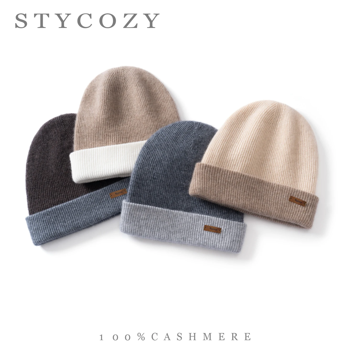100%Cashmere Beanie Hat Women Double Layer Turn Up Cuff Contrast Color Knit Hat Unisex Soft Warm Winter Leather Label Skull Cap