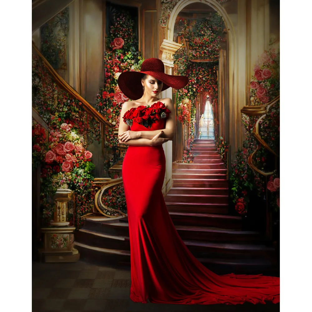 รอยัลพาเลซพื้นหลังดอกไม้บันไดพรมแดงสำหรับผู้หญิงที่มีเสน่ห์ฉากหลังสำหรับถ่ายรูปอุปกรณ์ประกอบฉากถ่ายรูปแบบมืออาชีพ