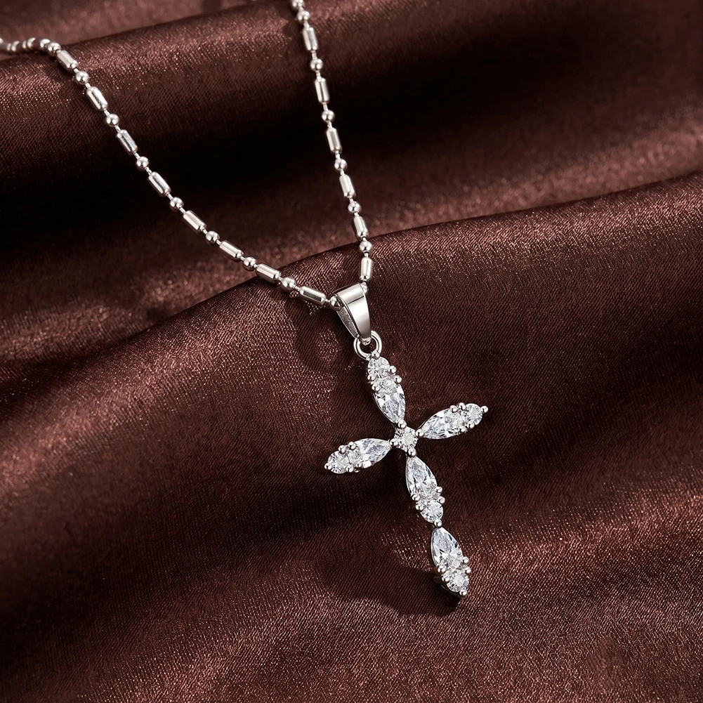 KISS MANDY Stainless Steel Sparkling Cross Pendant Necklace Beads Chain Cubic Zircon Christian Jewelry Gift Accessories STKN35