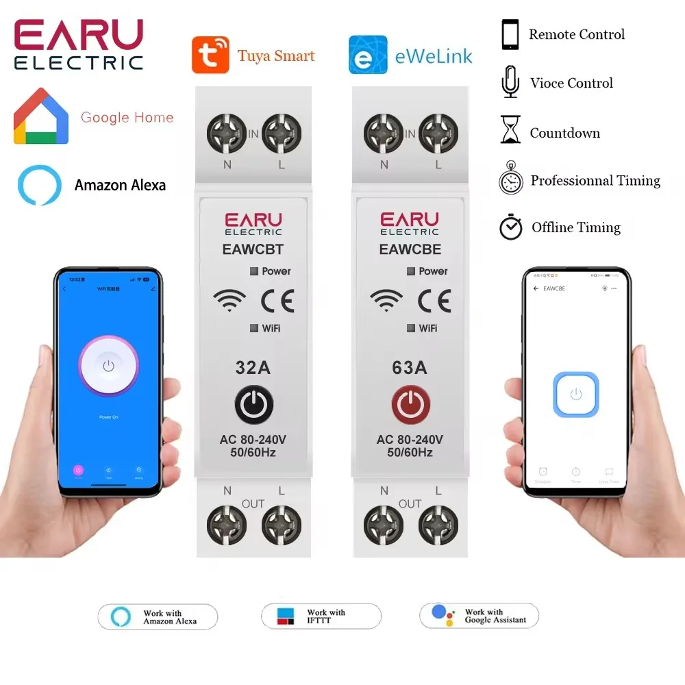 Wifi Tuya Ewelink Smart MCB 1-63A 1+N Circuit Breaker Timer Switch Relay Remote Voice Control For Alexa Google Home Assistant