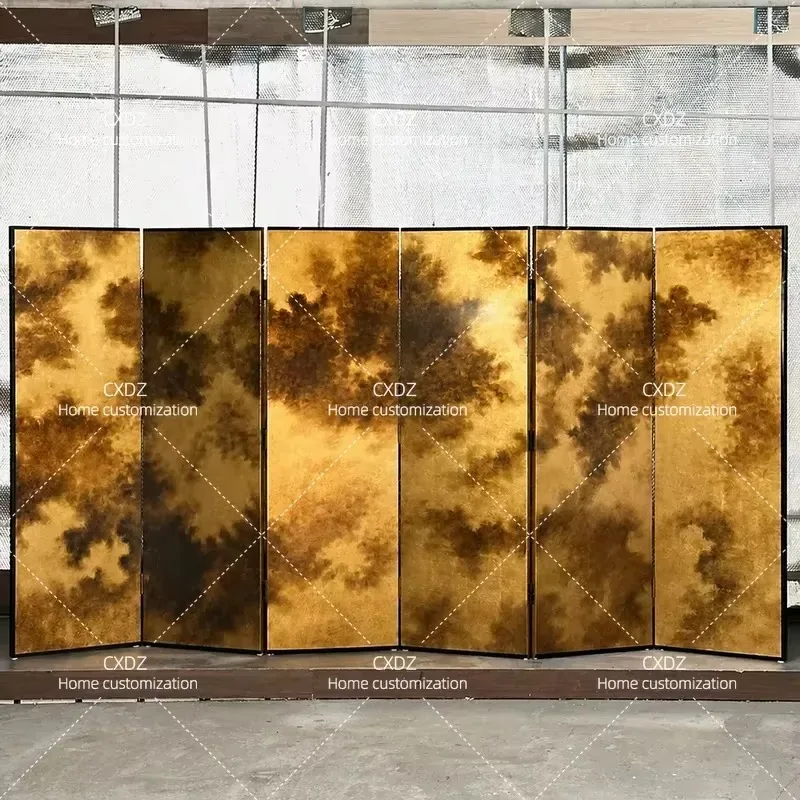 Wabi Sand Chinese Teahouse Screen Dragon Gold Foil Painting Feng Shui Entrance Decoration Folding Partition Traditional