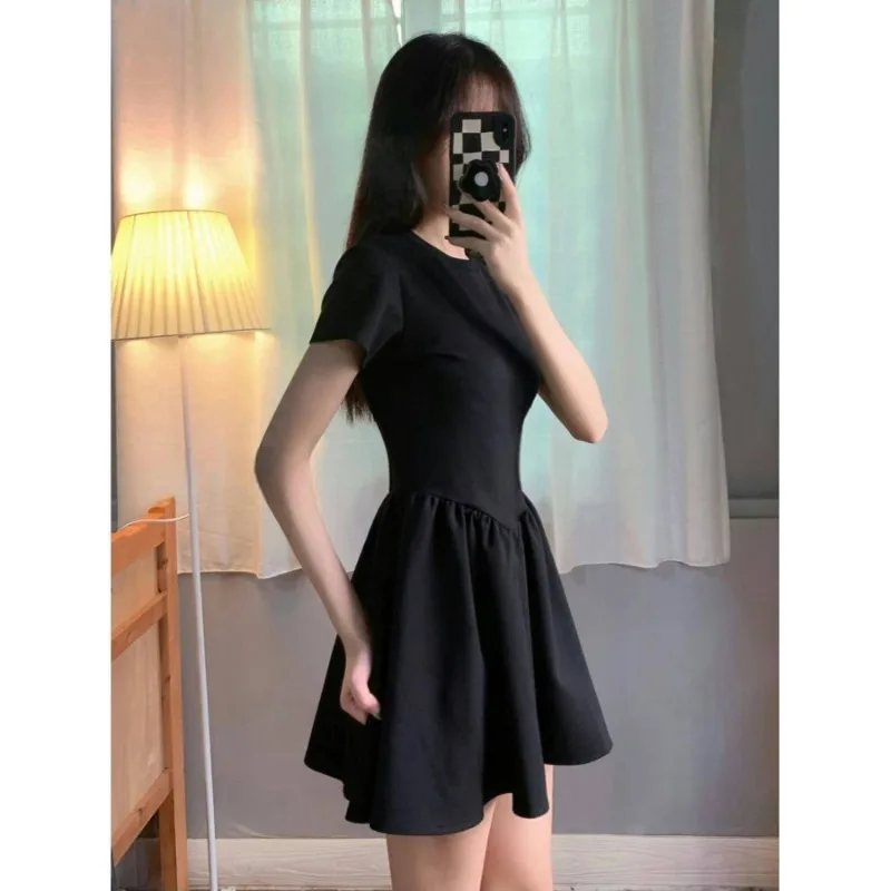 High-End Knit Petite Black Dress Spring Summer Waist-Cinching A-Line Slimming Short Pinup Style For Ladies