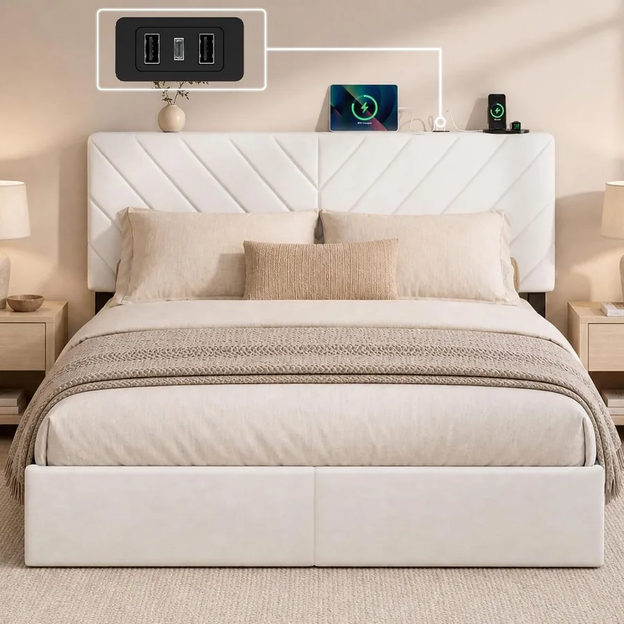 Bed Frame with Adjustable Headboard, White Velvet Upholstered