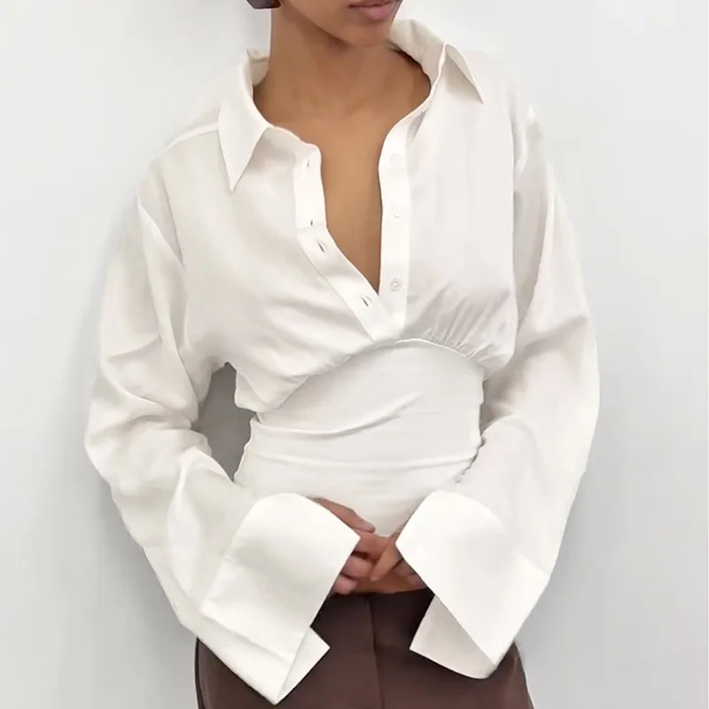 

TARUXY Button Turn-Down Collar Long Sleeve T-Shirt Women's Elegant Slim Patchwork Solid Top Autumn New Fashion Commuting Outfits