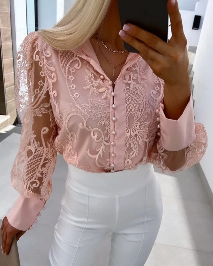 Fashion Woman Blouse 2024 Spring Pearls Decor Buttoned Lace Stand Collar Casual Plain Long Sleeve Semi-Sheer Daily Shirt Top