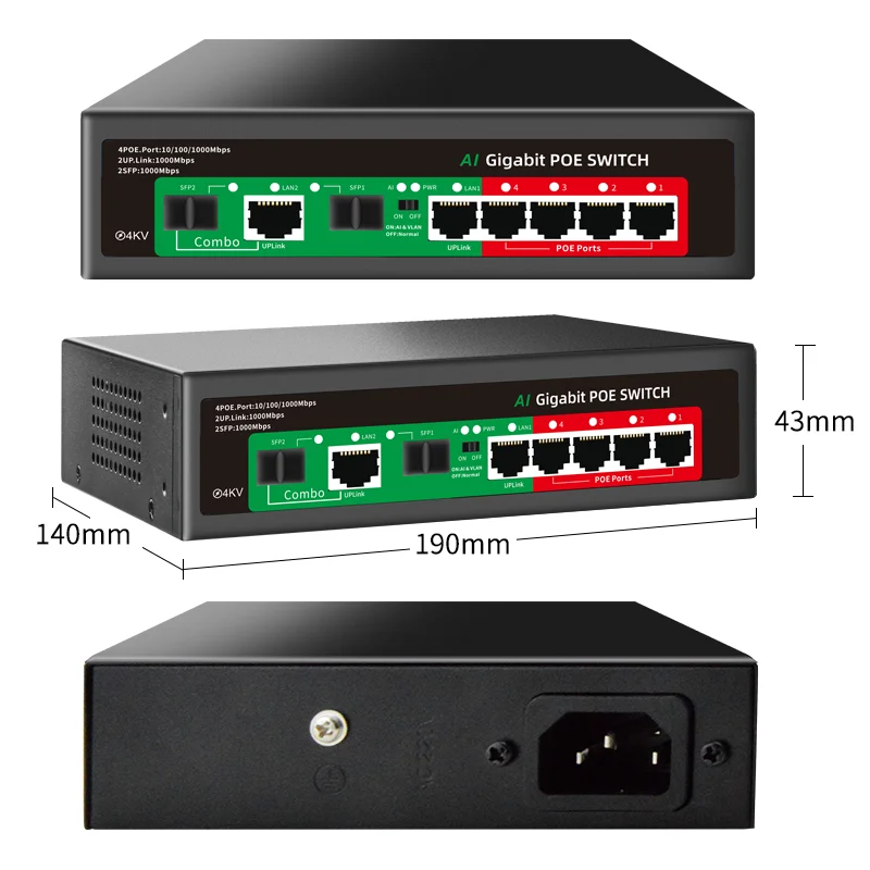 STEAMEMO Full Gigabit 4 Port PoE Switch 48V 2 SFP Built-in Power 52W Ethernet Switch Network For IP Camera & Wireless AP