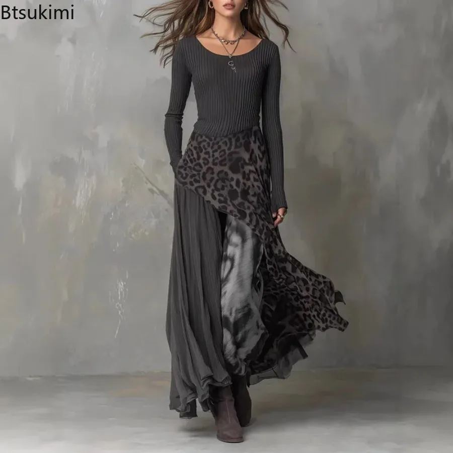 Modisches Leopardenmuster-Maxikleid mit Spleißdesign für Damen, Elegantes Hochgeschnittenes Partykleid für Frühling und Herbst mit Langen Ärmeln und Rüschen