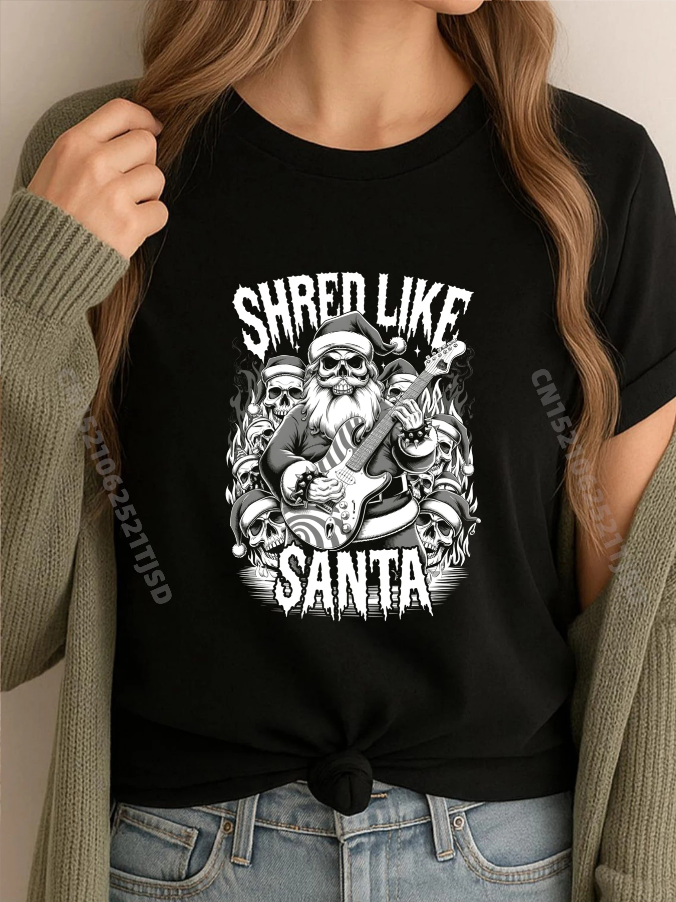 

Shred Like Santa Christmas Metalhead Santa Metal Guitarist Oversized T Shirt Woman Streetwear T-shirts for Woman