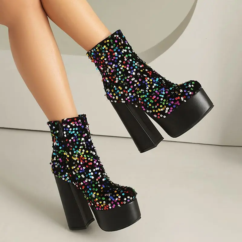 

Girseaby 2025 Блестящие женские ботильоны с круглым носком на массивном каблуке 14,5 см, платформа 5 см, молния, большие размеры 44 45 46 47 Bling Party Bota