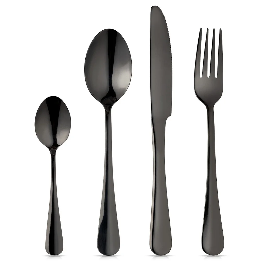Bestekset van staal, zwart, voor 4 personen, 16-delig. Deze keukenbestekset bevat vorken, messen, lepels en theelepels, gemaakt van roestvrij staal. Een elegante zwarte set voor dagelijks gebruik in