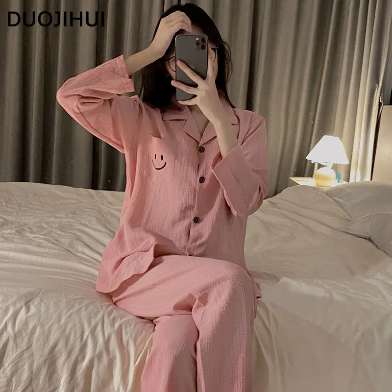 DUOJIHUI Autumn Two Piece Casual Home Pajamas for Women Basic Long Sleeves Cardigan Fashion Simple Pant Loose Female Pajamas Set