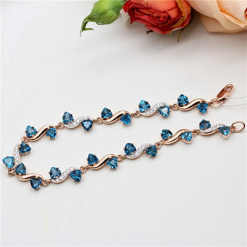 585 Purple Gold inlay Diamond Triangle Blue Gem Bracelets for women Fashion Plated 14K Rose Gold winding bangles Wedding Jewelry view 3