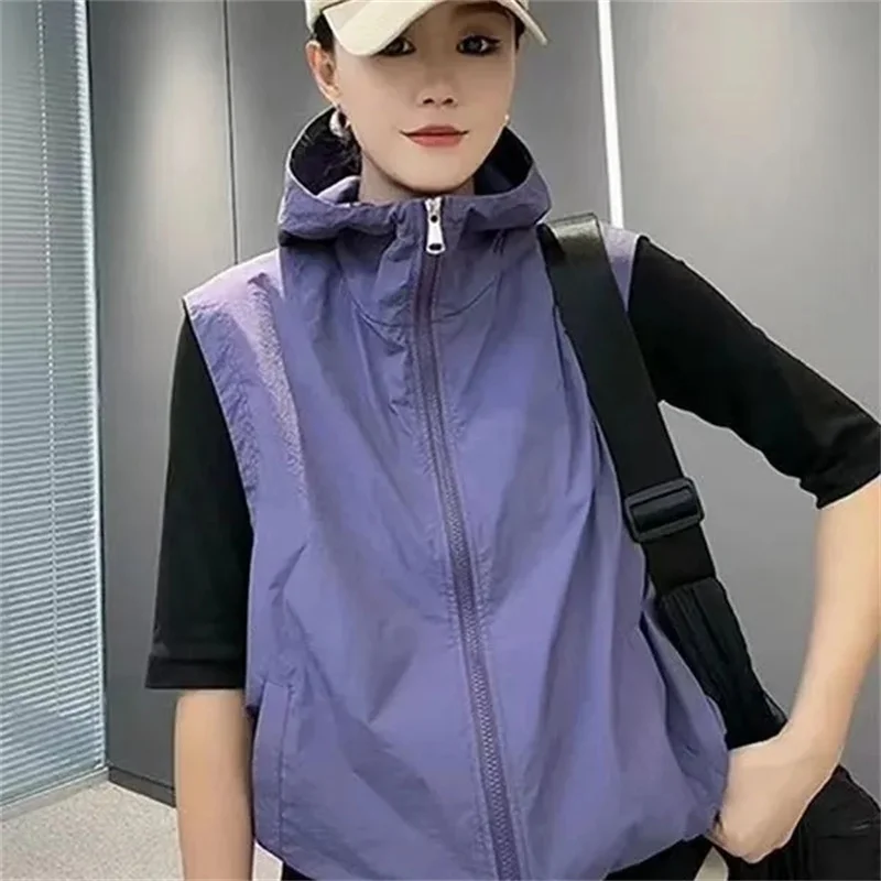 2025 Women's Summer New Solid Color Vest Korean Loose Thin Hooded Sleeveless Cardigan Zipper Pockets Shorts All-match Casual Coa