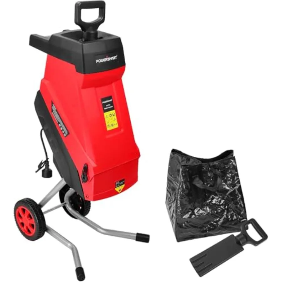

Garden wood chipper shredder: 120V 15A corded, 45mm branch capacity, black steel construction, includes collection bag