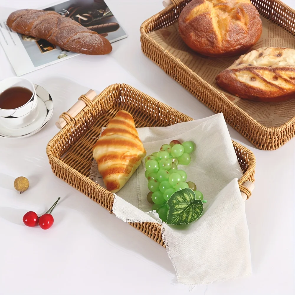 Food Plate Handwoven Plastic Rattan Storage Tray Round Shape Fruit Vegetable Cake Wicker Rattan Threads Basket With Handle
