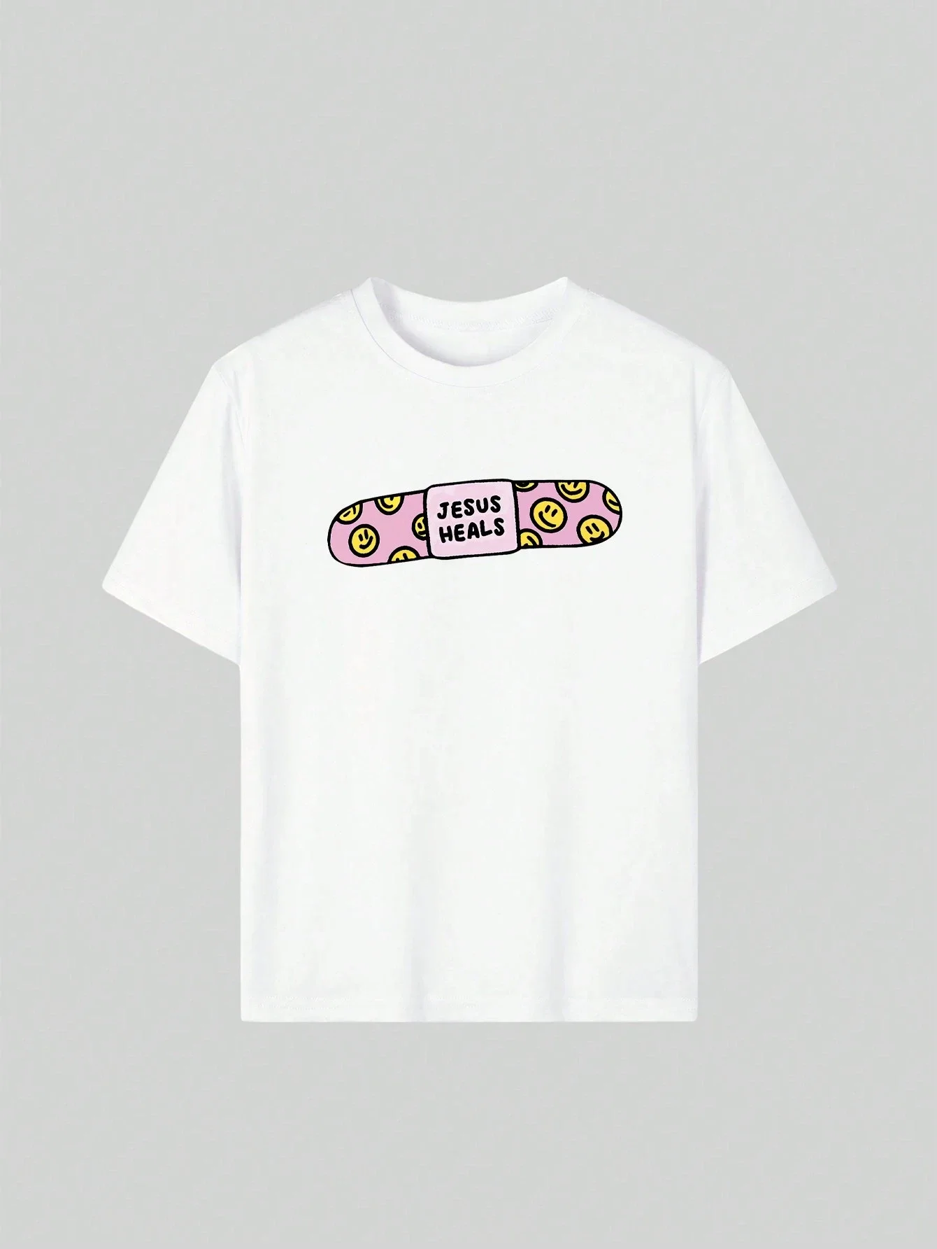 Y2k Trendy Shirt Jesus Heals Smiley Band-Aid Design Letter Print Short Sleeve Women Round Neck T-Shirt Spring Summer