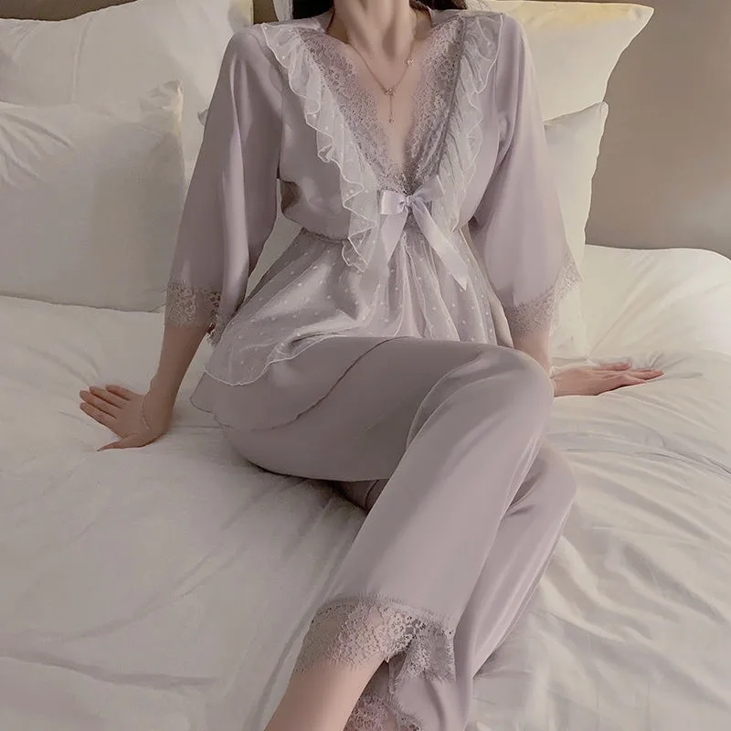 Spring Summer Large Size Loungewear Women\'s Lace V-neck Sleepwear Ice Silk Pajamas French Version Sexy Sweet Thin Homewear Set