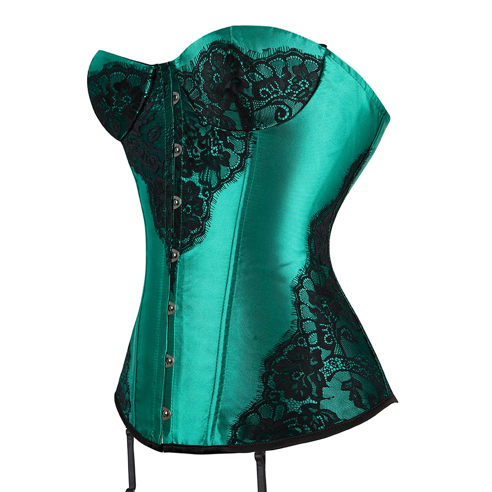 Purple Green Women Strapless Satin Overbust Corset Bustier Top With G String