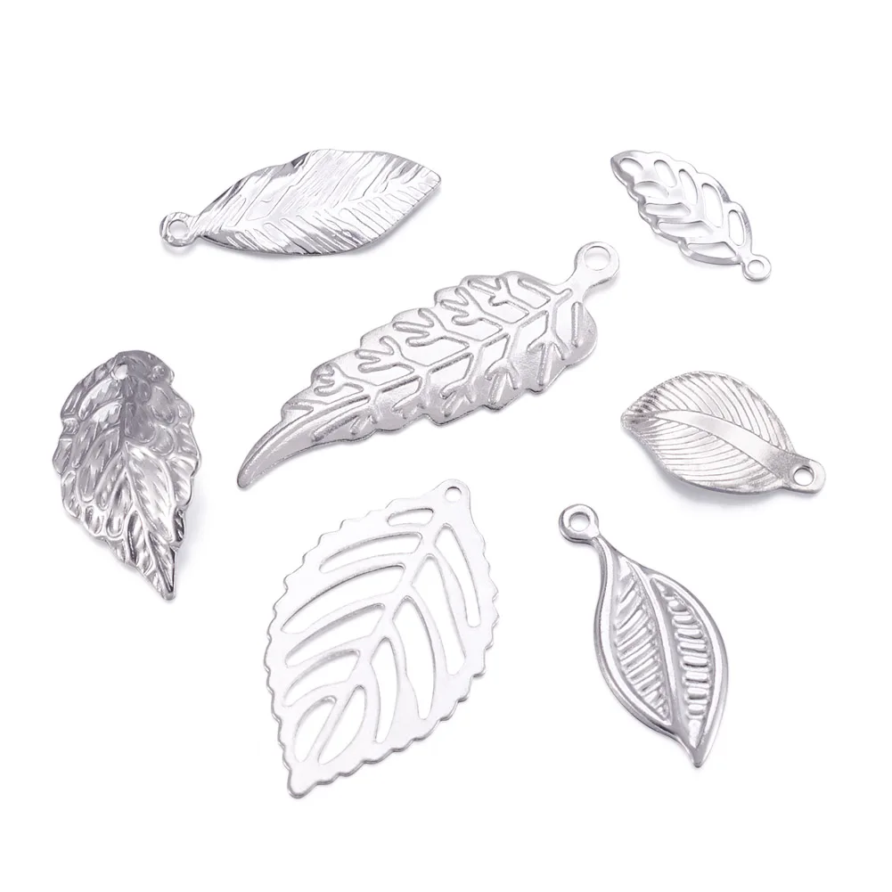 Pandahall 56Pcs Mixed Shape Leaf Stainless Steel Pendants Metal Charms With Hole For Necklace Bracelet Jewelry Making