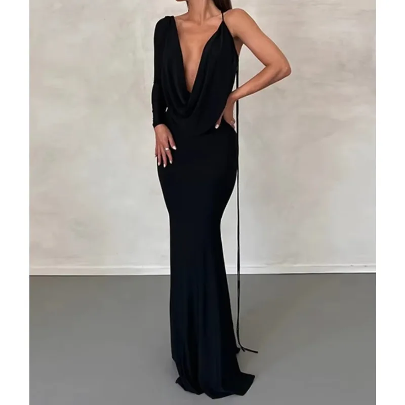 Elegant Backless Sexy Maxi Dress For Women Robe Spring New V Neck One Sleeve Lace-up Party Long Dress Vestido