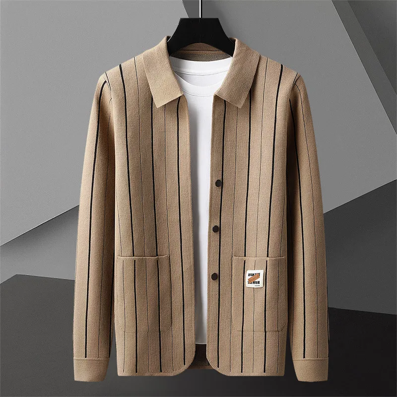 

Fall Khaki Striped Contrast Patchwork Printing Cardigan Men Sweter Korean Sweater Coat Designer Knit Cardigan Jacket Sweater