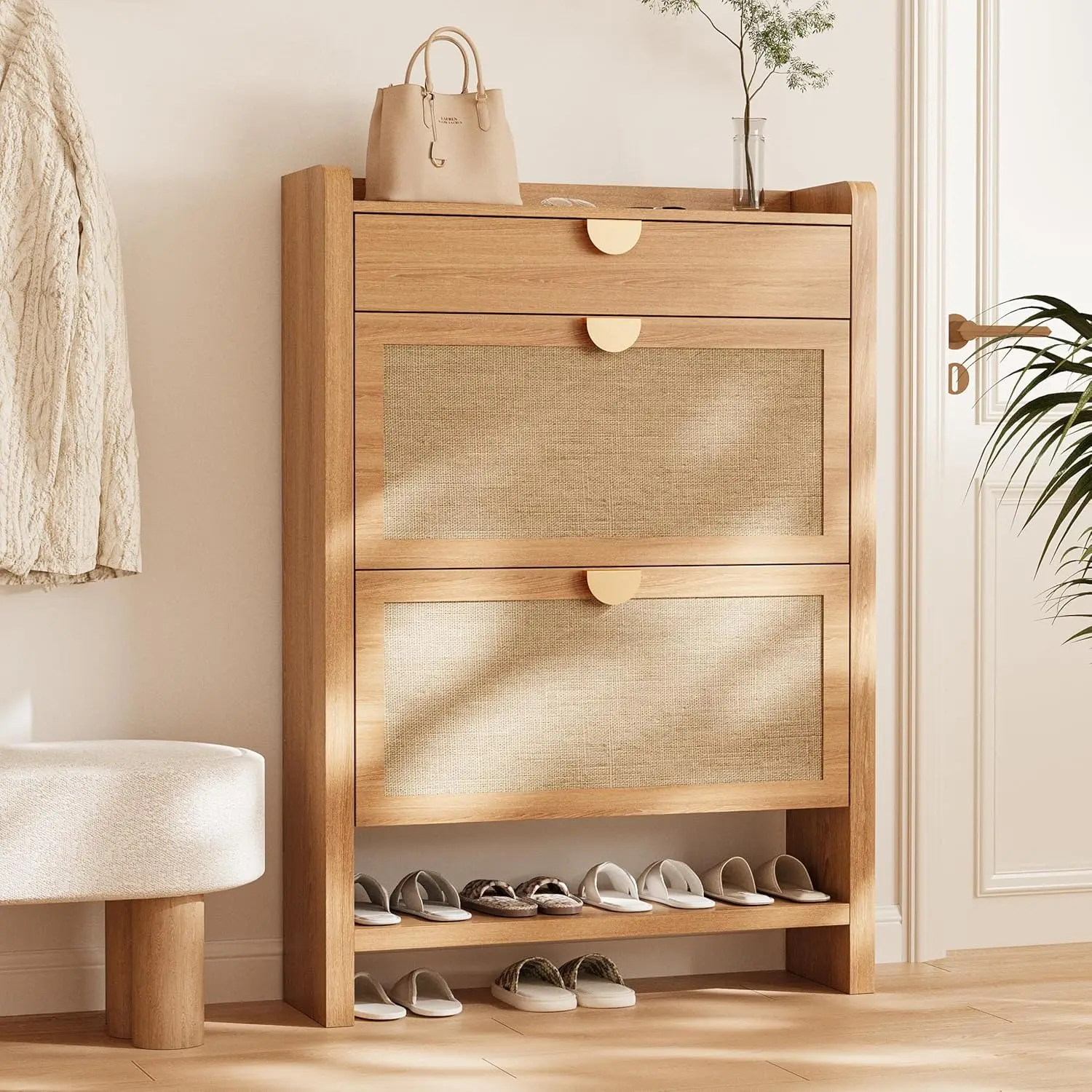 

Rattan shoe storage cabinet with 2 flip drawers, narrow shoe cabinet, independent hidden shoe storage, shoelaces