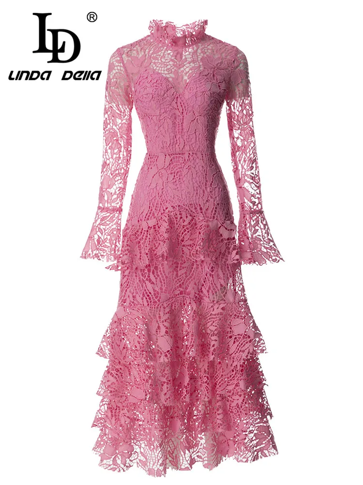 LD LINDA DELLA Summer Fashion Designer Vintage  Dress Women's  Pink Draped Hollow Out Tierred See through  Party Dress