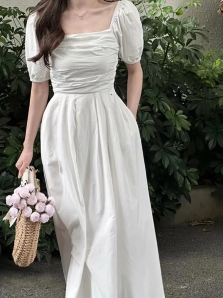 

French Summer Pleated Beach Party Long Dress Women Casual Solid Puff Sleeve Robe Fashion Office Lady Vestidos Banuqet Clothes