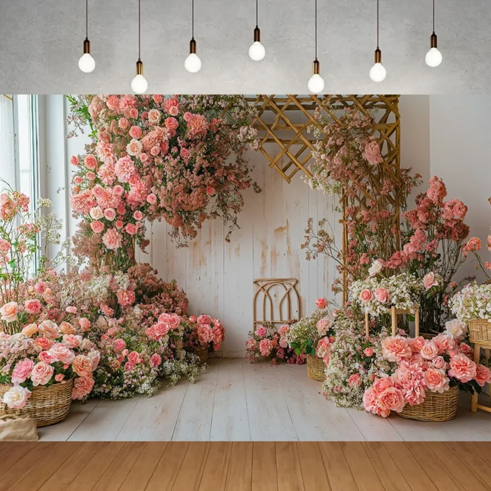 Flower Arched Wooden Grid Backdrop – Versatile for Children's Birthday, Adult Wedding & Family Gathering Banner Photography