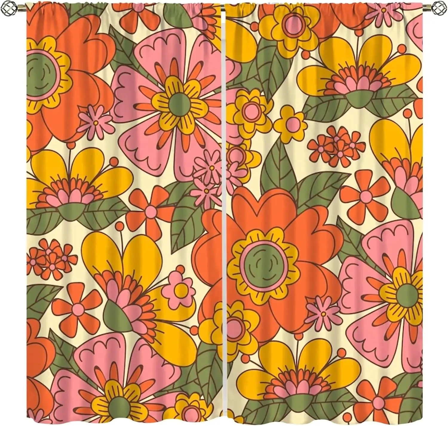 Retro 70s Floral Curtains Hippie Spring Groovy Flower Power Flower Boho Print Suitable for Home Bedroom Window Drapes Abstract