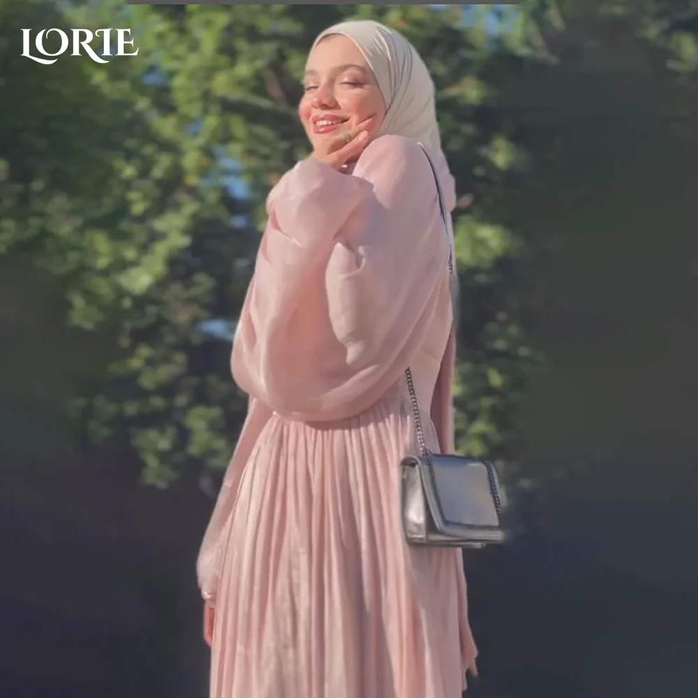 

LORIE Modest Crepe Evening Dress Pleats Puff Long Sleeve Floor Length Prom Dresses Ruched Illsion Arabia Party Gowns Customized