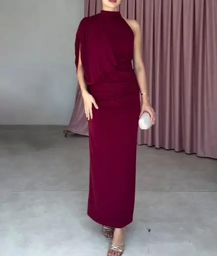 

Autumn 2025 Solid Color High Collar Long Sleeve Button Detail Folded Hip Pack Single Dress