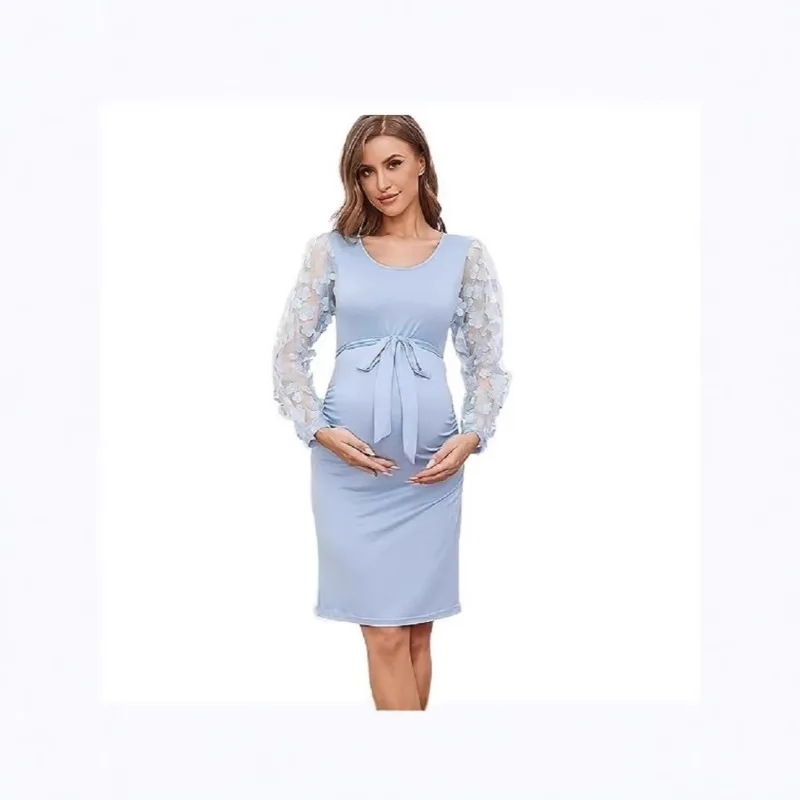 Summer Maternity Dress Round Neck Long Sleeve Floral Patchwork Bodycon Pregnant Women Pregnancy Dress
