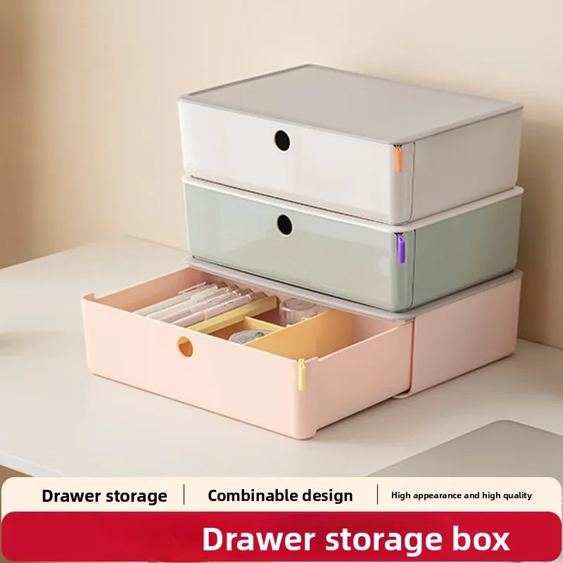 3.6L Stackable Drawer Box Green PET Desktop Storage Organizer with Silicone Clips Durable Modular Container for Files and Makeup
