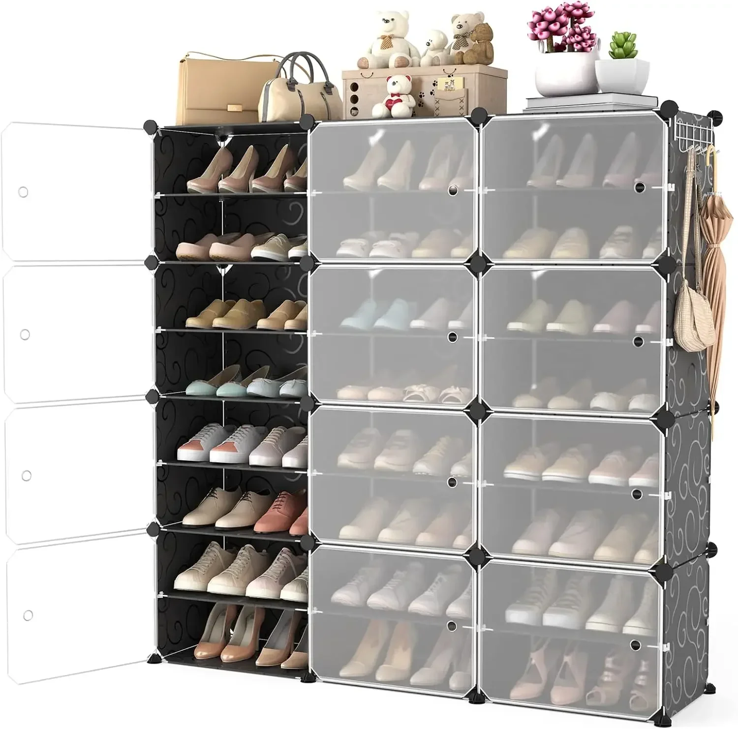 Shoe Rack Organizer with Door, 48 Pairs Shoe Storage Cabinet Easy Assembly, Plastic Adjustable Stackable Detachable Fre