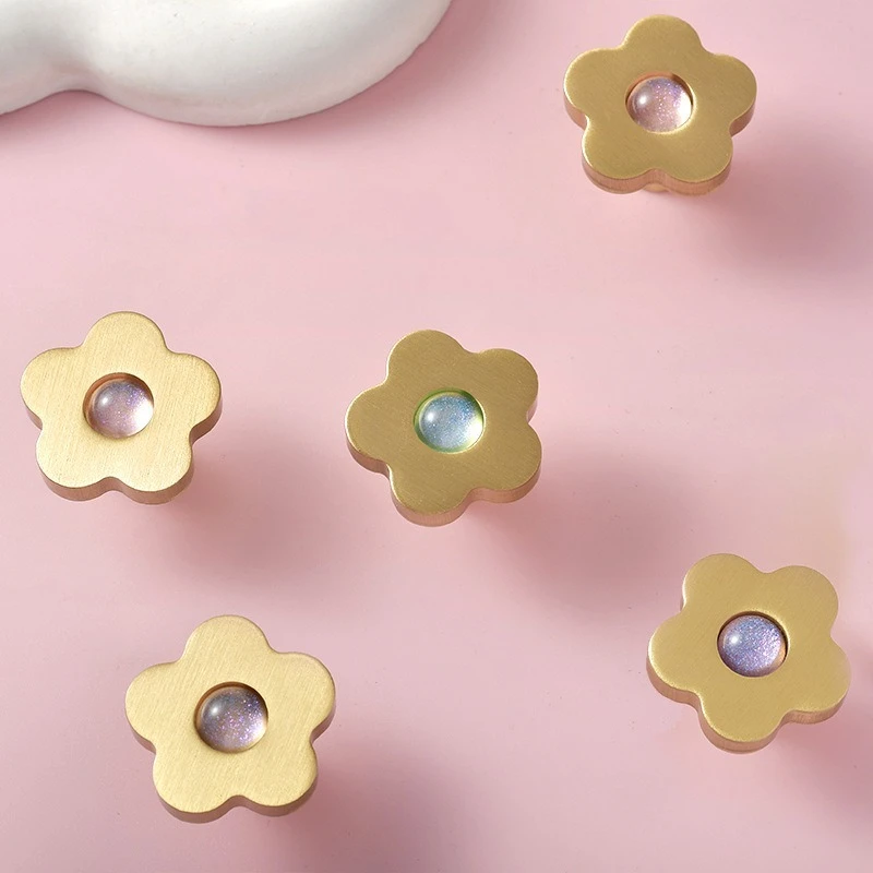2 Pieces Flower Shape Brass Handle Inlaid with Resin Colored Beads Drawer Handle Creative Cute Children's Room Furniture Knob