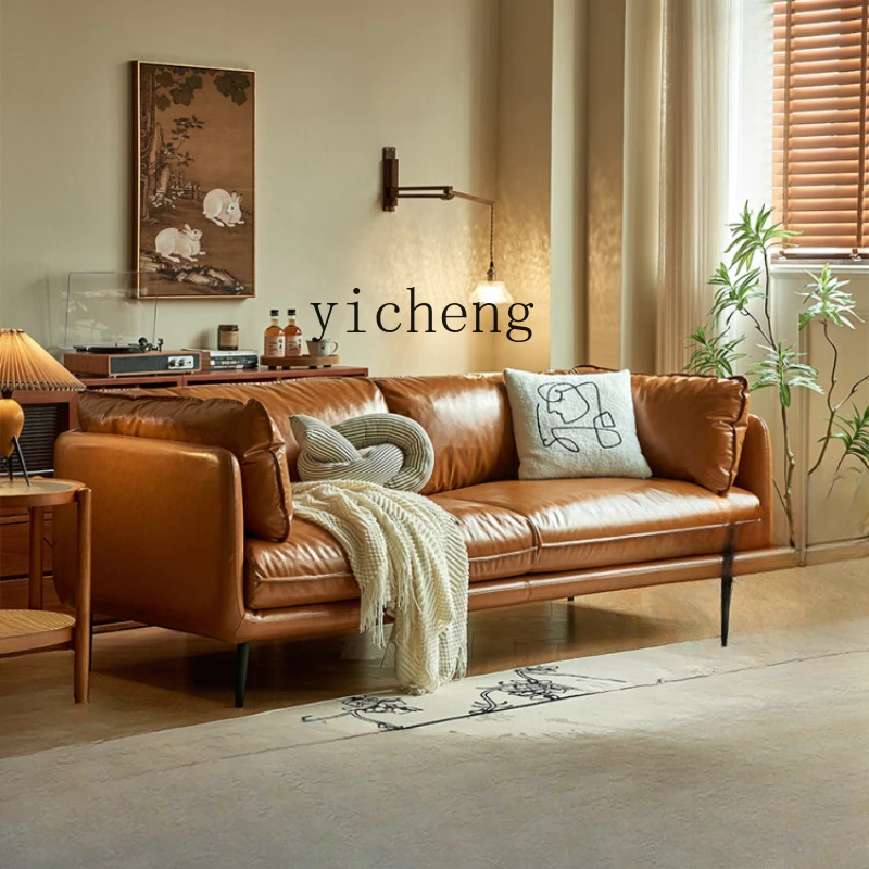 Tqh Vintage Leather Sofa First Layer Cowhide Simple Modern Straight down Sofa Small Apartment