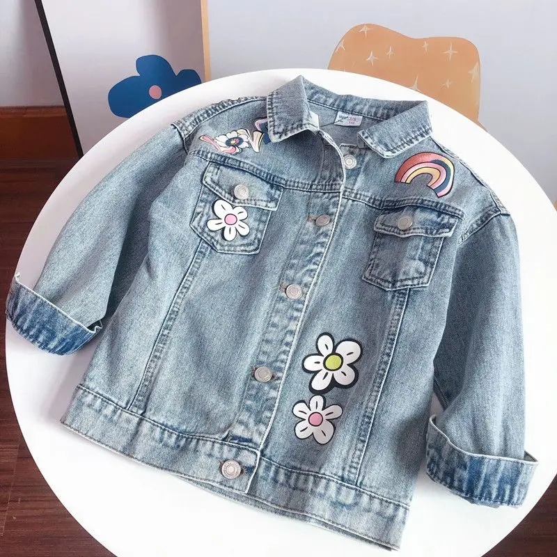 2-12 years Girls Denim Jackets Toddler Kids Girl Coat Spring Autumn Clothes Children Cartoon Floral Jacket Coat Outwear Jeans