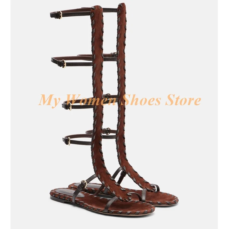 Suede Leather Gladiator Sandals Flat With Open Toe Buckle Strap Knee High New Arrivals Hot Sale Custom Made Women Shoes