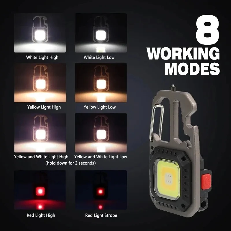 Mini COB Keychain Work Light with Battery Display 8 Modes Rechargeable High Lumens Portable LED Light for Camping Hiking Running