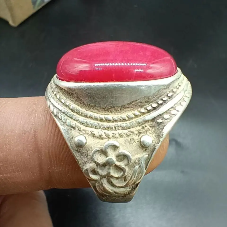 Collection Old China Tibet Silver Handmade Inlay Jade Ring Superb Ornament Gift 3