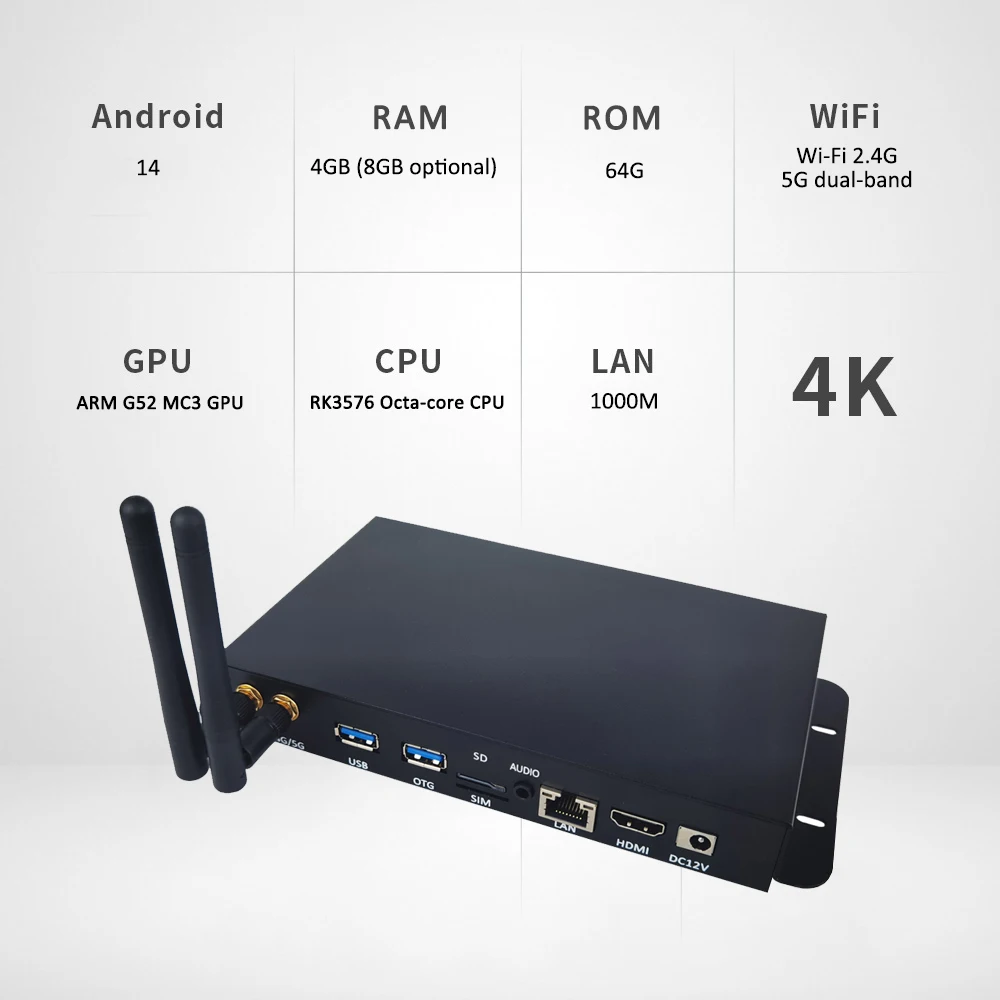 Metallgehäuse RK3576 4G-Modul SIM Android Digital Signage Werbung 4K UHD HD-MI Ausgang Cloud-basierter Media Player – Detail 9