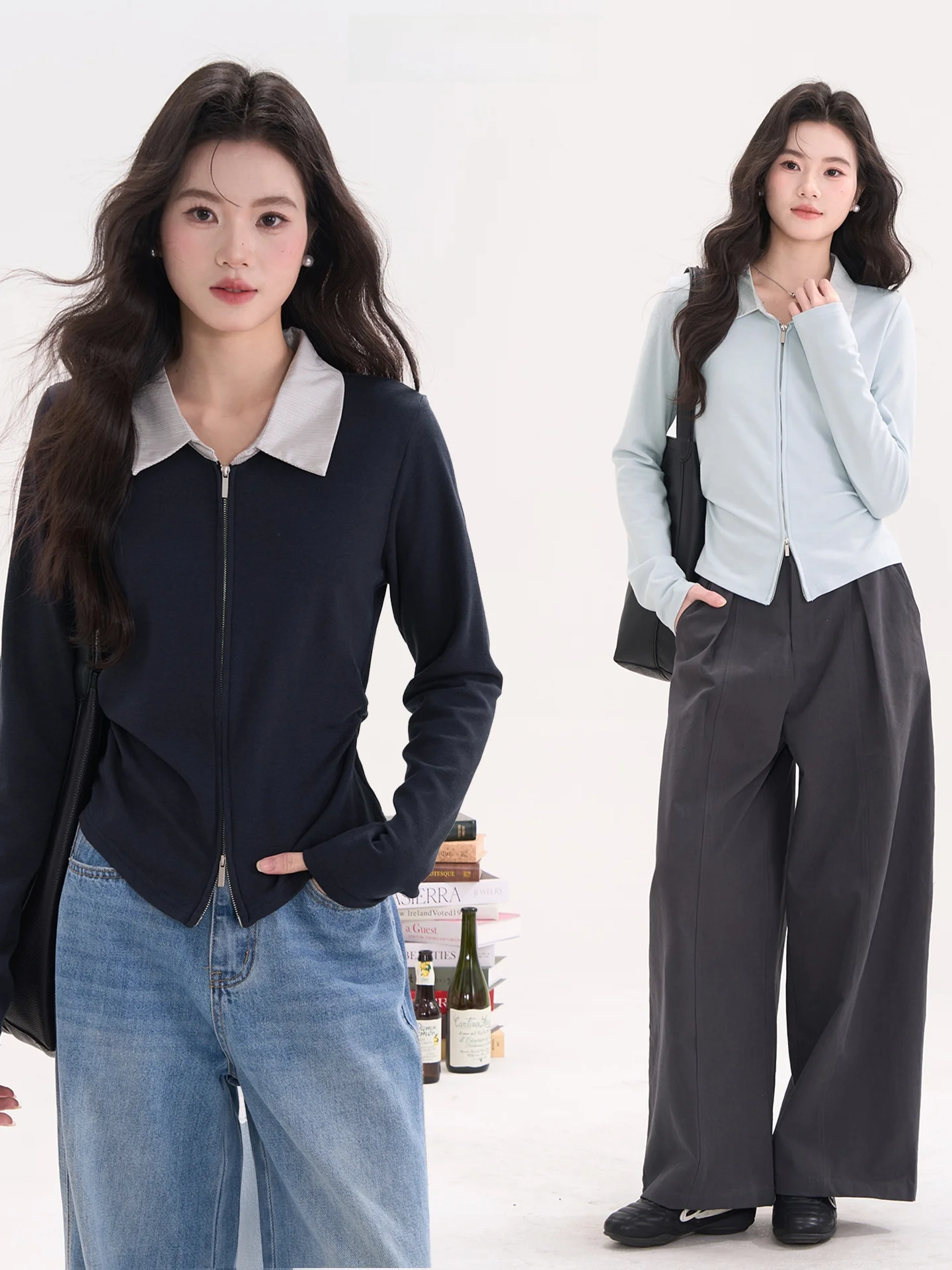 

Кардиган-топ с отложным воротником, длинными рукавами, двойной молнией, в полоску, с пэчворком, повседневный, в стиле Heme Flower Field Window